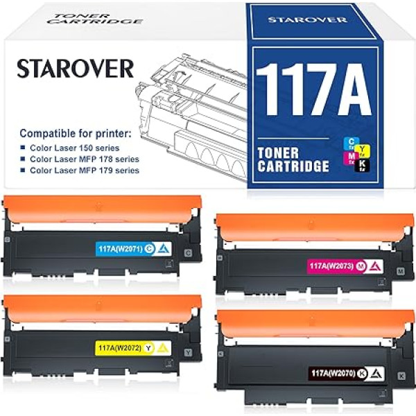 STAROVER 117A toneris, suderinamas su HP 117A tonerių rinkiniu, skirtu spalvotam lazeriniam daugiafunkciniam įrenginiui 178nwg 179fwg 150nw 150a 179fnw 178nw W2070A W2071A W2072A W2073A (juoda, žydra, geltona, purpurinė, 4 pakuotės)