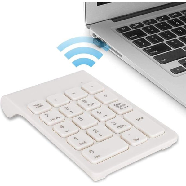 Ciparu tastatūra, bezvadu 2.4G ciparu tastatūra, pārnēsājama finanšu grāmatvedības ciparu tastatūras datora piederumi klēpjdatoram/PC/Desktop/Notebook 5,04 x 5,24 collas (balta)