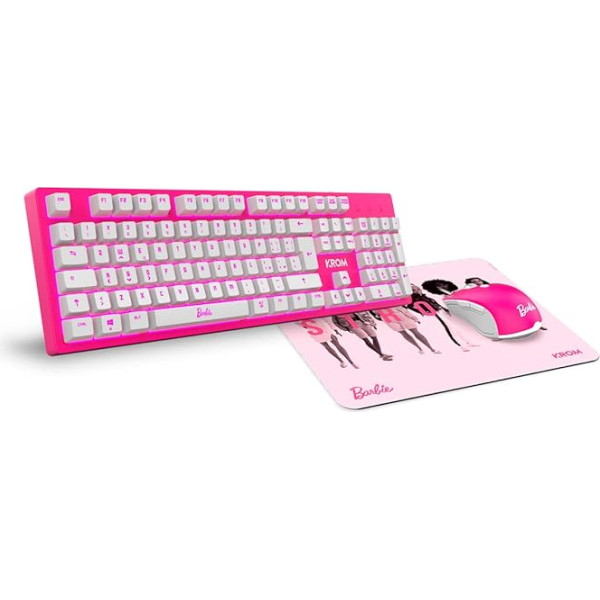 KROM Barbie Edition KANDY pele un peles paklājiņš Balta LED membrānas tastatūras pele Optiskais sensors 6400 DPI Peles paklājiņš ar gumijas pamatni Itāļu izkārtojums Rozā krāsā