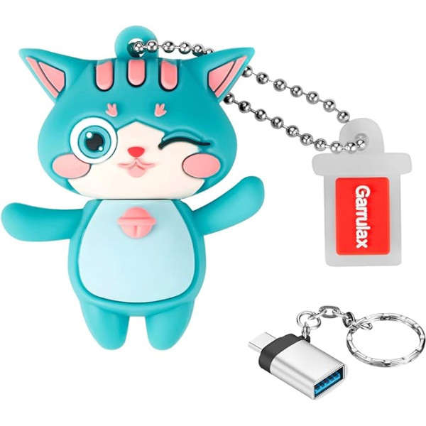 GARRULAX USB 3.0 zibatmiņas diskdziņi, ūdensizturīgs silikona ātrgaitas USB 3.0 datu glabāšanas disks Memory Stick Pen Disk Pendrive ar OTG C tipa adapteri (Green Cat, 128 GB)