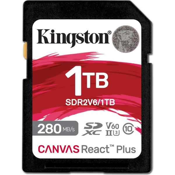 Kingston Canvas React Plus V60 SD 1TB SDXC UHS-II 280R/150W U3 V60 priekš Full HD/4K