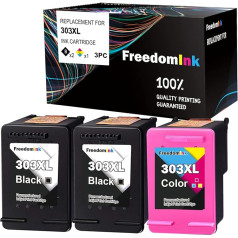 FreedomInk atjaunota tintes kasetne HP 303 XL priekš Envy Photo 6220 6230 7130 7830 6232 6234 7100 7120 7132 7134 7820 7832 7834 (2 melnas, 1 krāsaina)