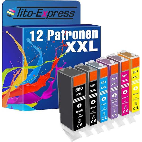 Tito-Express Platinum sērijas 12 kasetnes Piemērotas Canon PGI-580 CLI-581 XXL Pixma TS-8120 8150 8151 8152 8220 8220 8240 8241 8242 8250 8251 8252 8350 8351 8352 9120 9150 9155 | ar fotociānu