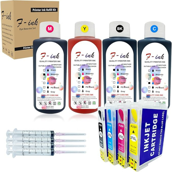 27XL uzlādējama tinte un 4 x 100 ml tintes kasetnes, kas saderīgas ar Epson 27 27 27XL tinte, kas saderīga ar Workforce WF-7110DTW WF-7610DWF WF-7620DTWF WF-7620DTWF WF-7720DTWF WF-7715DWF WF-7710DWF WF-7210DTWF