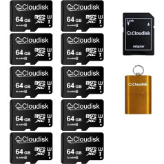 Cloudisk 10 Micro SD karšu komplekts ar SD adapteri un karšu lasītāju (64 GB)