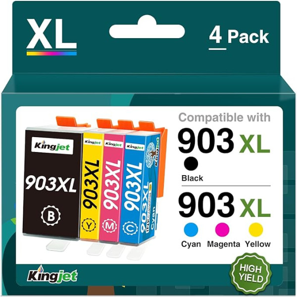 KINGJET 903XL kasetės suderinamos su spausdintuvo kasetėmis HP 903 XL 903XL Multipack, skirtomis spausdintuvo kasetėms HP Officejet 6950, skirtoms HP Officejet 6950 Officejet Pro 6970 6960 (juoda, žydra, purpurinė, geltona)