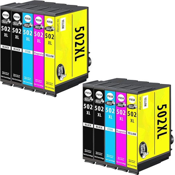 Happy Printer XL tintes kasetnes, kas saderīgas ar Epson 502 502XL, piemērotas XP-5100 XP-5105 XP-5105 XP-5115 XP-5150 XP-5155 WF-2860 WF-2865 WF-2880 WF-2885 (10 printeru kasetnes)