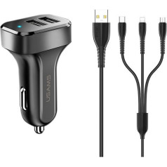 Auto lādētājs 2xusb 2.1a 3in1 microusb/usb-c/ zibens kabeļi