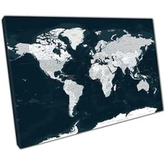 Drobės meno spaudinys – pasaulio šalių žemėlapis su pavadinimais – juoda/pilka/balta