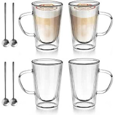 SAEIV Latte Macchiato glāzes 4 x 350 ml — no borsilikāta stikla izgatavotas dubultsienu kafijas glāzes, kapučīno glāzes, kafijas glāzes ar dubultām sienām, termiskās glāzes kapučīno un tējas glāzes