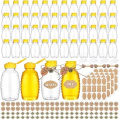 Šiltas skaidrus plastikinis medaus indelių rinkinys 8 uncijų išspaudžiami buteliai Medaus talpyklos su dangteliais Užpildomos etiketės Medaus dozatorius Be lašėjimo popieriaus padėkos kortelė ir virvelė