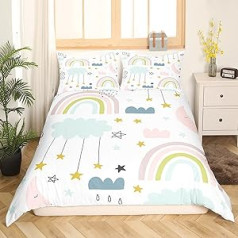 Gultas gultas komplekts Sunnybed Kawaii Rainbow, Jauki mākoņi, zvaigznes, varavīksnes dekors, segas pārvalks bērniem, meitenes, zaigojoša apdruka, 135 x 200 + 80 x 80 x 1