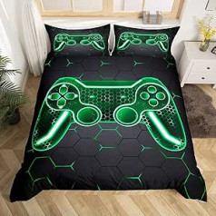 Loussiesd Gamer Gultas veļa 135 x 200 cm Bērnu zēni Meiteņu Gamer Controller Segas pārvalks Gaming Bērnu gultas veļas komplekts Zaļš melns šūnveida modernas ģeometrijas gultas veļas Gamepad šūnveida druka