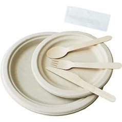 125 Piece Paper Plates and Cutlery Set, Biodegradable Disposable Tableware, Compostable, Sugarcane Bagasse, Party Tableware Including 7 and 9 Inch Tableware, Knife and Spoon, Barbecue, Camping