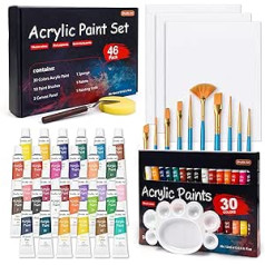 Shuttle Art Acrylic Paint Set, 46-Piece Acrylic Paints, 30 Acrylic Paints (12 ml each), 10 Brush Set, 3 Canvases, 1 Spatula, 1 Palette, 1 Sponge, Waterproof for Children, Adults