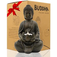 Goodeco meditējošais Budas tējas sveces sveču turētājs Budas figūriņas Zen statuja ar Lotosa iekštelpu āra dekoru mājas iekšpagalmam ar LED tējas sveces polisveķu antīku bronzas izskatu