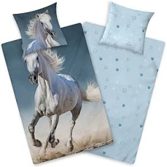 Aminata kids Horse Flannelette gultas veļa 135 x 200 cm Bērnu kokvilnas zirga motīvs ar rāvējslēdzēju silts un mīksts flaneļa ziemas gultas veļas komplekts - grozāma gultas veļa ar zvaigznītēm zili pelēka