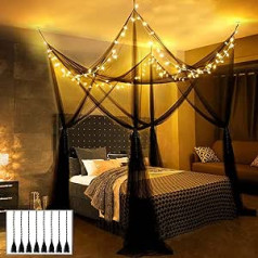 Juoda lova su baldakimu lovos užuolaidos su šviesomis 4 užuolaidos miegamojo dekoravimui Elegantiškos lovos užuolaidos su 100 žvaigždučių „Fairy Lights“ baterijomis, veikiančios moterims berniukams, viengulės dvigulės lovos dekoras