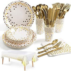 141 Pieces White Gold Party Tableware, Party Accessories, Paper Plates Set, ReusablePaper Tableware Set Including Tablecloth, Plates, Cups, Napkins For Birthdays, Weddings, Anniversaries (20 Guests)