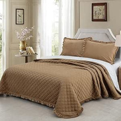 WONGS BEDDING Bedspread 240 x 260 cm Brown Bed Throw 3-Piece Crystal Velvet Quilt Reversible Design Duvet Quilted Blanket Soft & Comfort Sofa Throw for Bed with 2 Pillowcases 80 x 80 cm