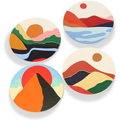 Haocoo 4 Pack Round Drink Coasters - Absorbent Stone Coaster Set with Cork Base and Ceramic Stone, Decorative Cup Coasters for Types of Cups and Cups (Mountain Color)
