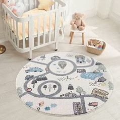 carpet city Children's Rug – Street City Motif 120 cm Round Cream Multi – Children's Room Rug Modern