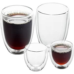 ANSIO® dvisieniai terminiai kavos puodeliai 2 x 350 ml, 2 x 80 ml, dvigubi stiklai – lengvi ir patvarūs borosilikatinio stiklo puodeliai 4 vnt. pakuotėje – idealiai tinka karštiems ir šaltiems gėrimams