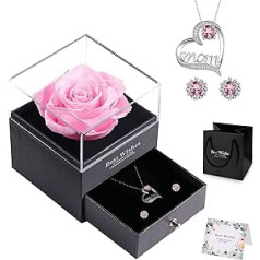 NEWUPZSI Christmas Gifts for Mother's Day Eternal Real Rose Pink Preserved Rose Gift Box with Necklace and Earrings Real Rose Flower Gift for Mothers Mum, Rose for Mother's Day Her