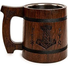 TESLYAR Viking Mug 0,6 L Ozolkoka brūns – viduslaiku Thor krūze alum Tankard alus krūze ar gravējumu Thor's Hammer and Runes Ideāla alus dāvana, mērkanna Koka krūze dāvana vīriešiem