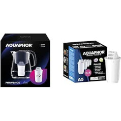 AQUAPHOR Provence ūdens filtrs melns, ieskaitot 2 A5 filtru kasetnes un filtra kasetnes A5 iepakojumā 3+1 — ar AQUALEN tehnoloģiju, pret kaļķakmeni, hloru un citām vielām, kas atrodas kvalitatīvā ūdenī,