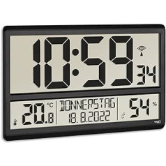 TFA Dostmann XL digitālais sienas pulkstenis 60.4520.01 ar temperatūru un mitrumu, darba dienās (8 valodas), radiovadāms pulkstenis, viegli lasāms, liels, melns, (G) 360 x (W) 235 x (A) 28 (84) mm