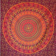 MOMOMUS Mandala Tapestry, 100% Cotton, Colourful, Oriental Designs, Ideal as Mandala Wall Towel, Indian Fabric Wall Hanging and Boho Tapestry, Orange, 210 x 230 cm