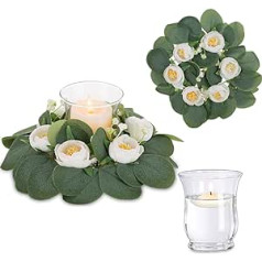 Inweder Glass Candle Holder Flower Wreath Tea Light Holder: Pack of 2 Tea Light Holders with White Peony Wreath Advent Wreath Tea Lights for Wedding Christmas Party Outdoor Indoor Decoration