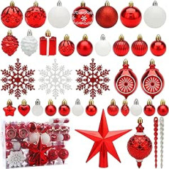 Roseleaf Christmas Tree Decoration Set, 130 Pieces Red and White Christmas Baubles Tree Decoration with Star Tree Topper for Christmas Wedding Party