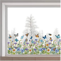 GORGECRAFT 118 x 39 cm Floral Window Decals Green Grass Daisy Flowers Butterfly Window Clings Transparent Stained Window Sticker Non Adhesive Double-Sided Static Film for Summer Autumn Glass Sliding