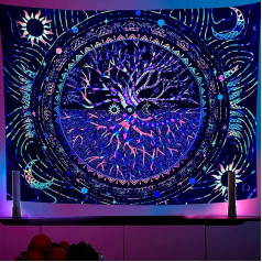 OSVINO Black Light Tree of Life Gobelēns 150 x 200 cm Glow in the Dark Wall Hanging Krāsains estētika Sun Moon Galaxy Trippy Gobelēns guļamistabai Dzīvojamā istaba Dorm