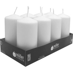 Müller Pillar Candles - 8 sveču komplekts - balts - 57 x 120 mm - 32 stundas degšanas laiks - bez aromāta - sveces mājsaimniecībai, svinībām un ēdināšanai