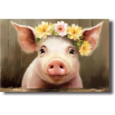 LZIMU Cūka Canvas Pictures Cute Pink Pig with Flowers Plakāts Prints Funny Animals Picture Rustic Farmhouse Artwork Vannas istabas sienas apdare ierāmētas (Picture-1, (30.00 x 45.00 cms))