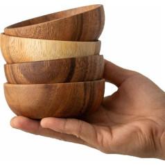 muso wood Mini koka bļodiņu komplekts - Akācijas masīvkoka uzkodu bļodiņa - 10 x 3,8 cm, 4 porciju bļodiņu komplekts - piedevām, mērcei, riekstiem, sālim, garšvielām - kā bonuss 4 Phoebe koka karotes