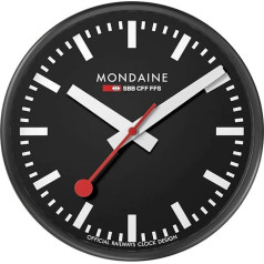 Mondaine - Sienas pulkstenis A990.Clock.64SBB 25cm - Stacijas pulkstenis no melna alumīnija ar sarkanu sekundometra rādītāju, putekļu izturīgs - Ražots Šveicē