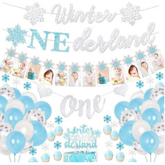 Ziemas Onederland 1. dzimšanas dienas rotājumi Zilas un sudraba sniega pārslas 1. dzimšanas dienas svinību piederumi ar sniega pārslas foto baneri Winter Onederland Banner Cake Topper Highchair Banner ziemas pusei