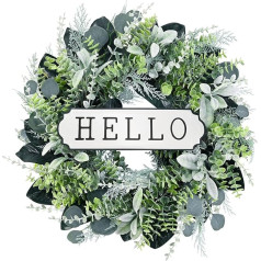 SEVENLOVE Hello Door Wreath Boxwood Wreath 24 Inch Farmhouse Eucalyptus Flocked Lambs Ear Wreath for Front Door Hanger Wall Window Party Decoration Green