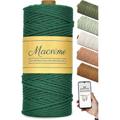 Macrime Premium makrame dzija tumši zaļa 3 mm x 100 m + instrukcija (latviešu valodā) - 100% dabīgā kokvilna, 4 kārtu vītā kokvilnas dzija - DIY kokvilnas aukla amatniecībai