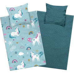 Aminata kids Vienradzis Gultas veļa 135 x 200 cm Flannelette Meitenes flanele Kokvilna Petrol ar varavīksni - Bērnu divpusējs gultas veļas komplekts - Zip | ÖkoTex | Vienradzis | Zirgs dzīvnieku motīvs