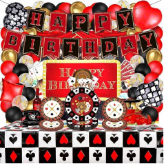 87 gab Casino Party Supplies Las Vegas Happy Birthday Party galda piederumu komplekts Casino Night Party Dekorēšanas piederumi Pokera kāršu spēle Klubs Heart Spade Papīra šķīvji Salvešu dakša 16 viesiem