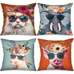 Kaķis Cūka Spilvens Covers ar Cute Saulesbrilles Dekoratīvie dzīvnieku spilvenu pārvalki 18 x 18 collu Pack of 4 Vienradzis Zilonis Wearing Shade salmu cepure spilvenu pārvalki dīvāna dzīvojamā istaba Dāvana