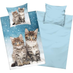 Aminata kids Gultas veļa Cat Flannelette 135 x 200 cm Bērnu kokvilnas kokvilnas kaķu dzīvnieku motīvs Zip Warm & Cuddly Flannel Winter Bedding Set - Cat Bed Linen Animal Motif Kitten