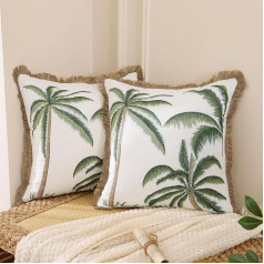 2 spilvenu pārvalku komplekts vasarā Tropical Green Palm Trees Leaves Poliesters 45 x 45 cm Spilvenu pārvalks ar bārkstīm, kas izgatavotas no lina spilvena pārvalka Dekoratīvie spilvenu pārvalki dīvāna guļamistabai Dzīvojamā istaba