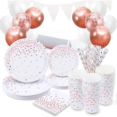 Rose Gold Party Supplies, 97 gabali Rose Gold Dot Party galda piederumi Papīra šķīvji, salvetes, tasītes, galdauts, baneri, Rose Gold balons kāzām, jubilejai, vecmeitu ballītei (16 viesi)