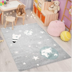 Bērnu paklājs Bubble Kids Flat Pile Space Rocket Stars pelēki zilā krāsā bērnu guļamistabai: Izmērs 120 x 160 cm